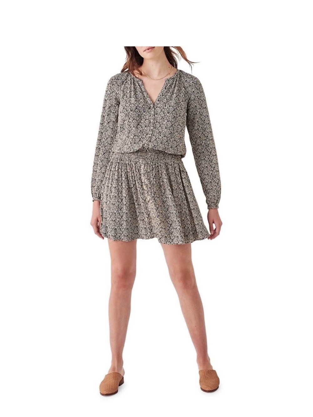 Faherty Montara Dress Black Ivory Leaf Batik Long Sleeve XXS NWT